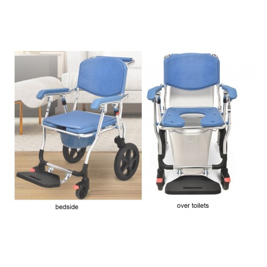 3 in 1 Folding Shower Wheelchair Bedside Commode with Pail Soft Cushion Backrest Locking Wheels