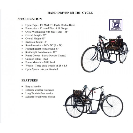 ISI Mark Handicap Tricycle Double Hand Drive