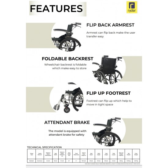 Karma Ryder 14 Aluminum Wheelchair with Flip-Up Armrest & Footrests