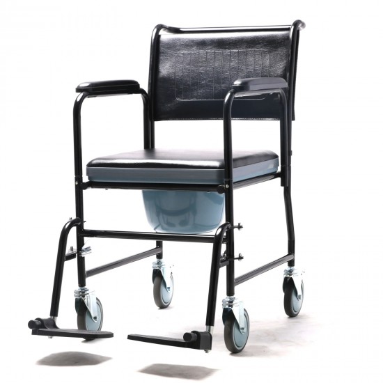 Wheeled Commode Chair with Flip-Down Armrest & Detachable Footrest
